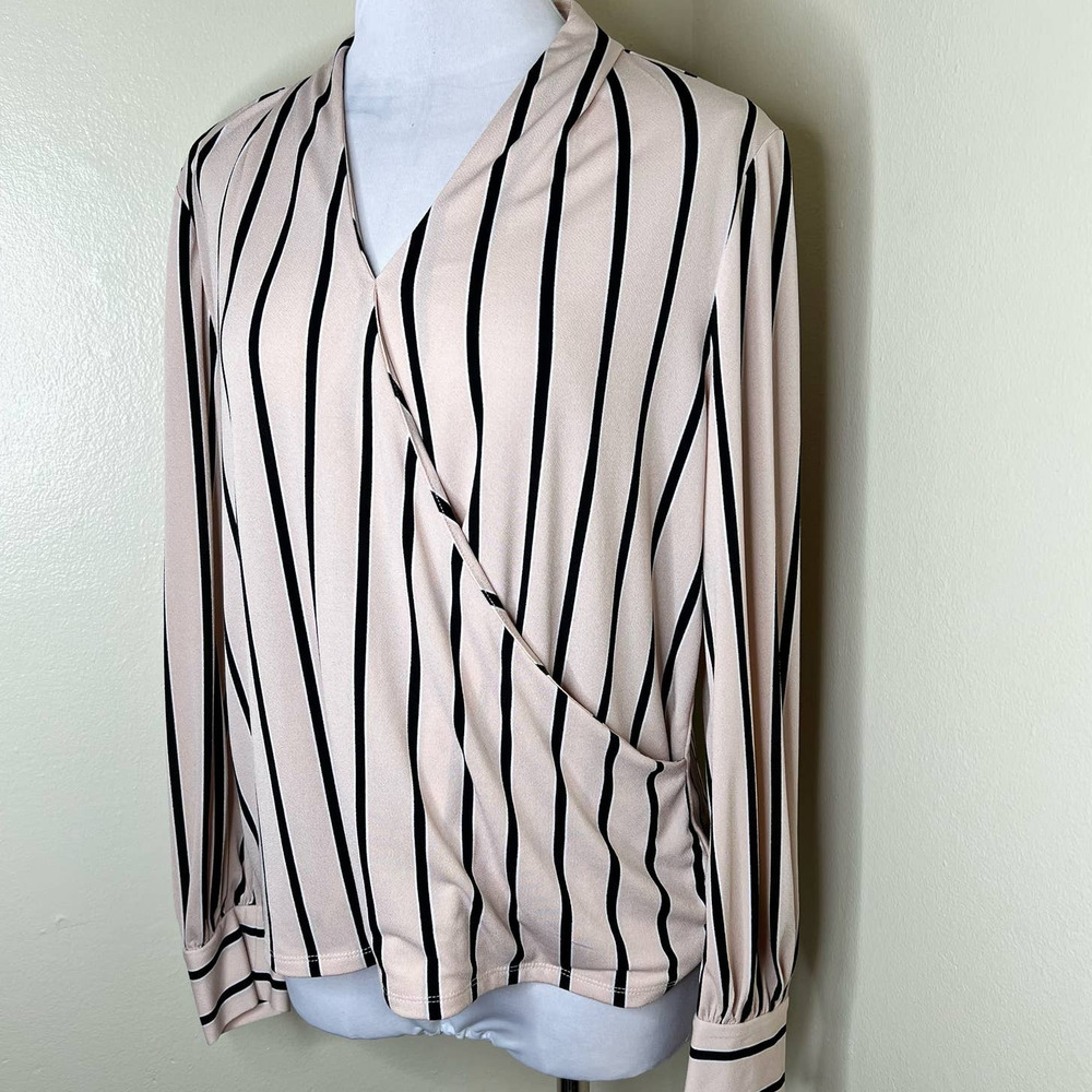 Adrianna Papell Surplice Top XL Striped Faux Wrap Office Long Sleeve Modern Chic